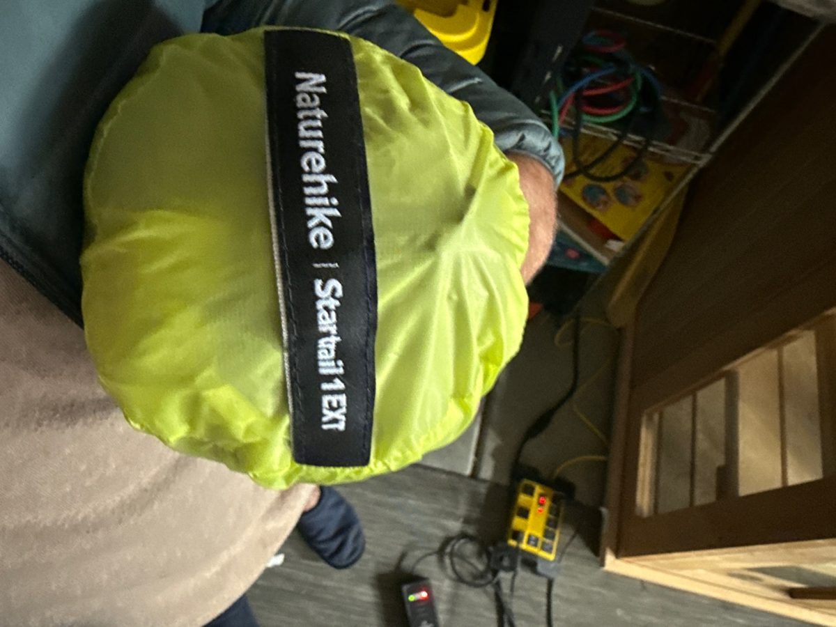 The author's own Naturehike Star Trail 1 EXT stuff sack, held in his hand