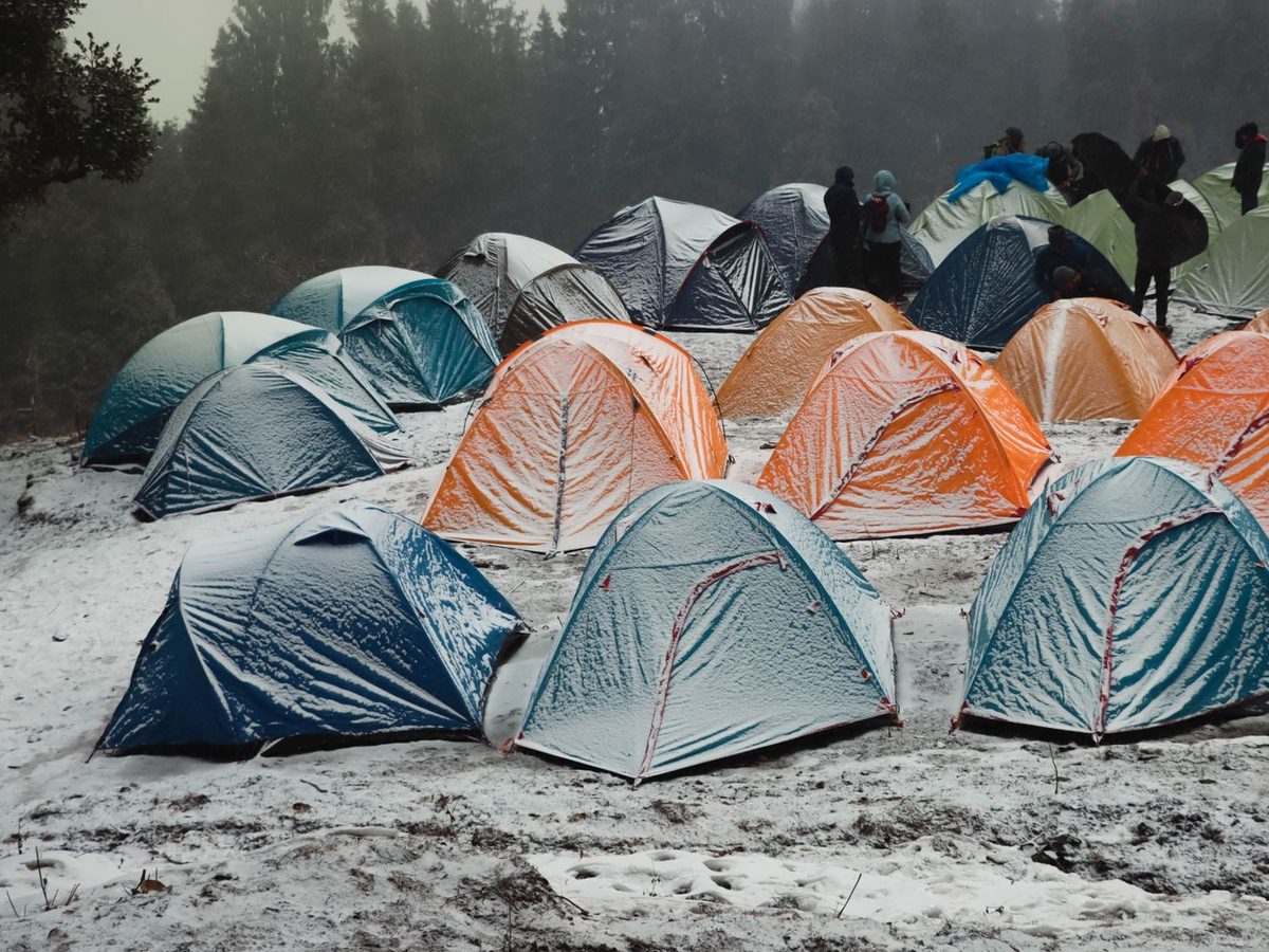 Colorful tents pitched in a snowy forest